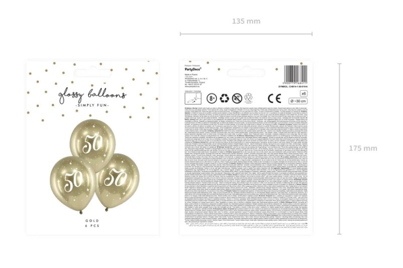 Balony Glossy 30cm "50" złoty 6szt CHB14-1-50-019-6 PartyDeco
